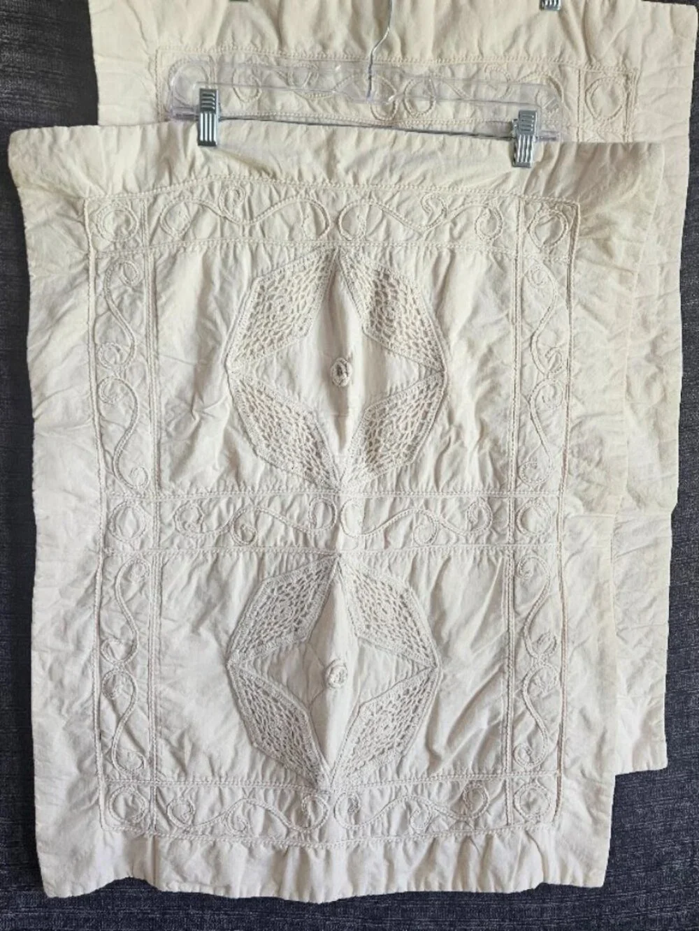 Vtg Two Beige Cotton Pillow Shams Quilted Cutout Lace Crochet Cottagcore 23x29